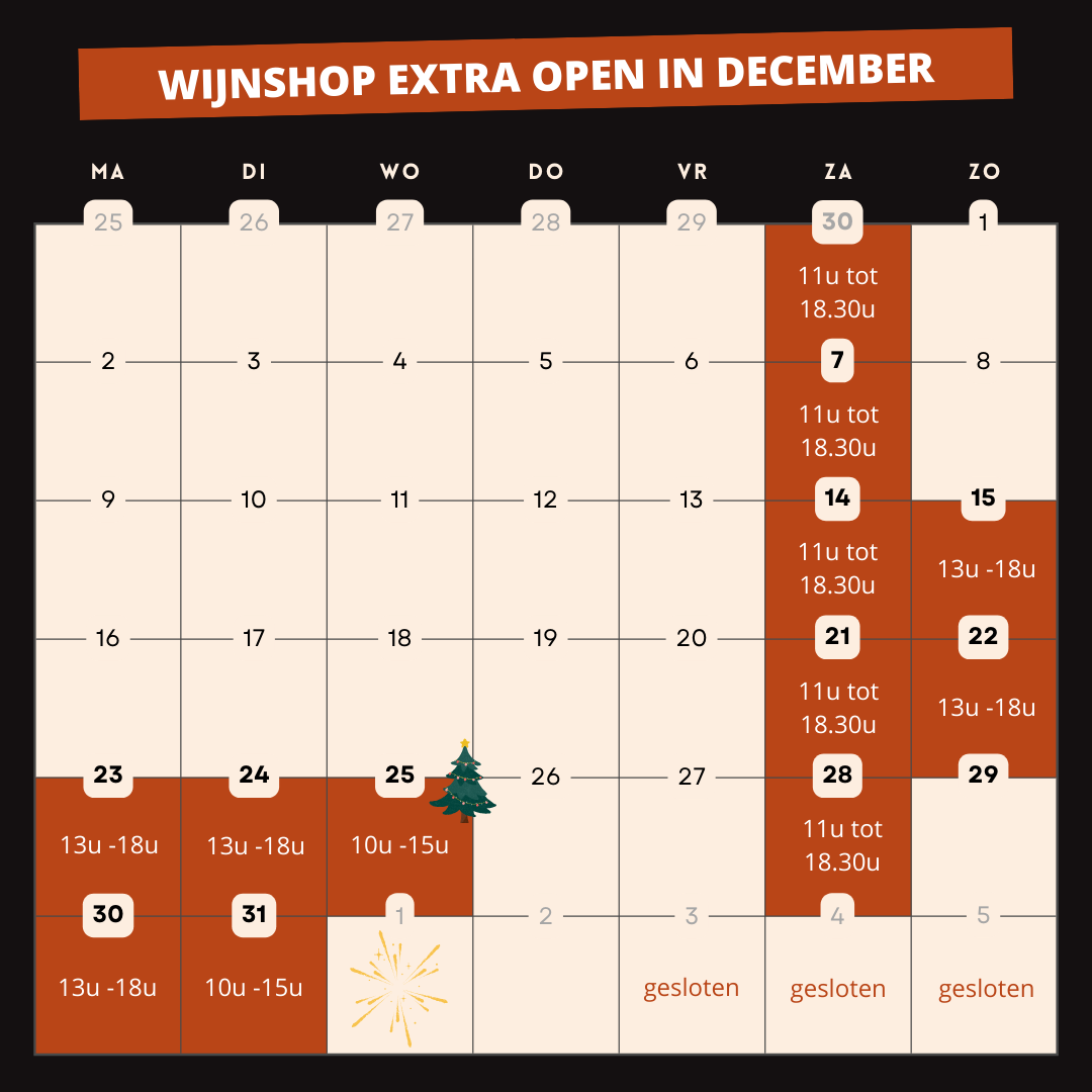 Openingsuren Wijnshop De Proeverij december 2024