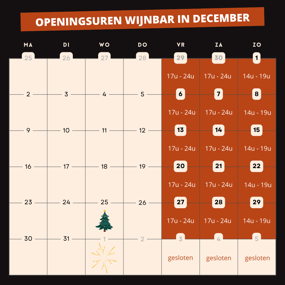 Openingsuren Wijnbar De Proeverij december 2024
